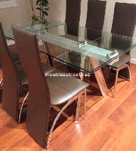 Mesa extensible metal y cristal y 6 sillas